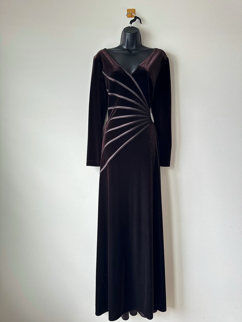 Vintage 90s Tadashi Velvet Maxi Dress Brown Ruched Waist Formal Gown Minimalist